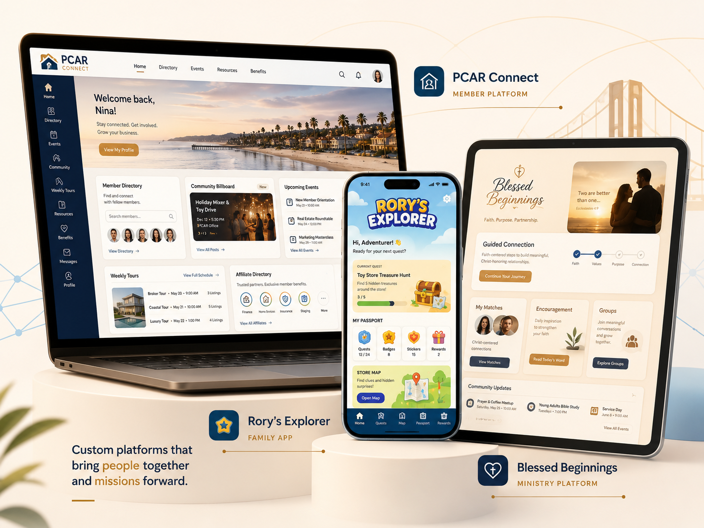 Showcase of Bridge Builder Studios platforms — PCAR Connect member platform on a laptop, Rory's Explorer family app on a phone, and Blessed Beginnings ministry platform on a tablet