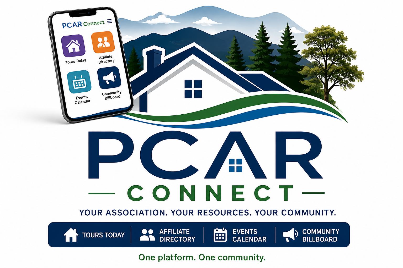 PCAR Connect mobile app preview with tours, affiliate directory, events, and community billboard